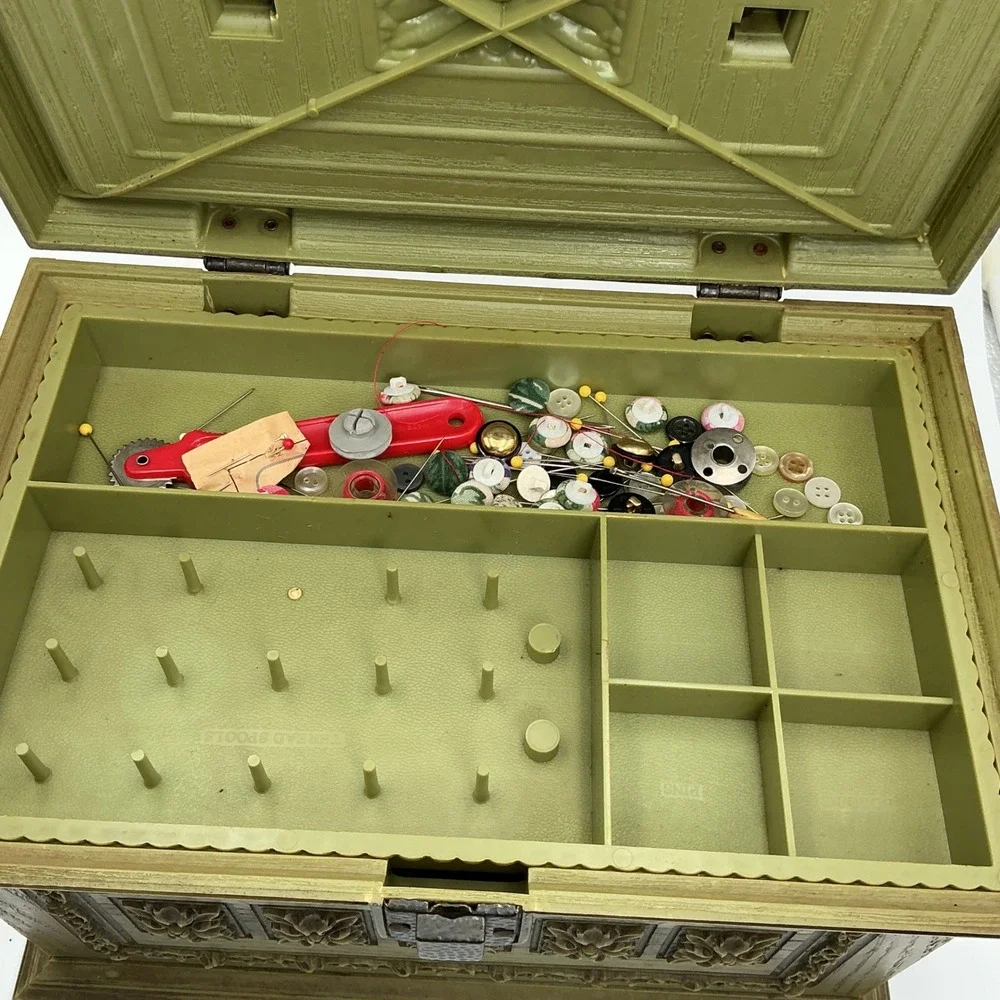 Vintage 60s Max Klein Avocado Green Green Plastic Sewing Box Faux Wood + STUFF!